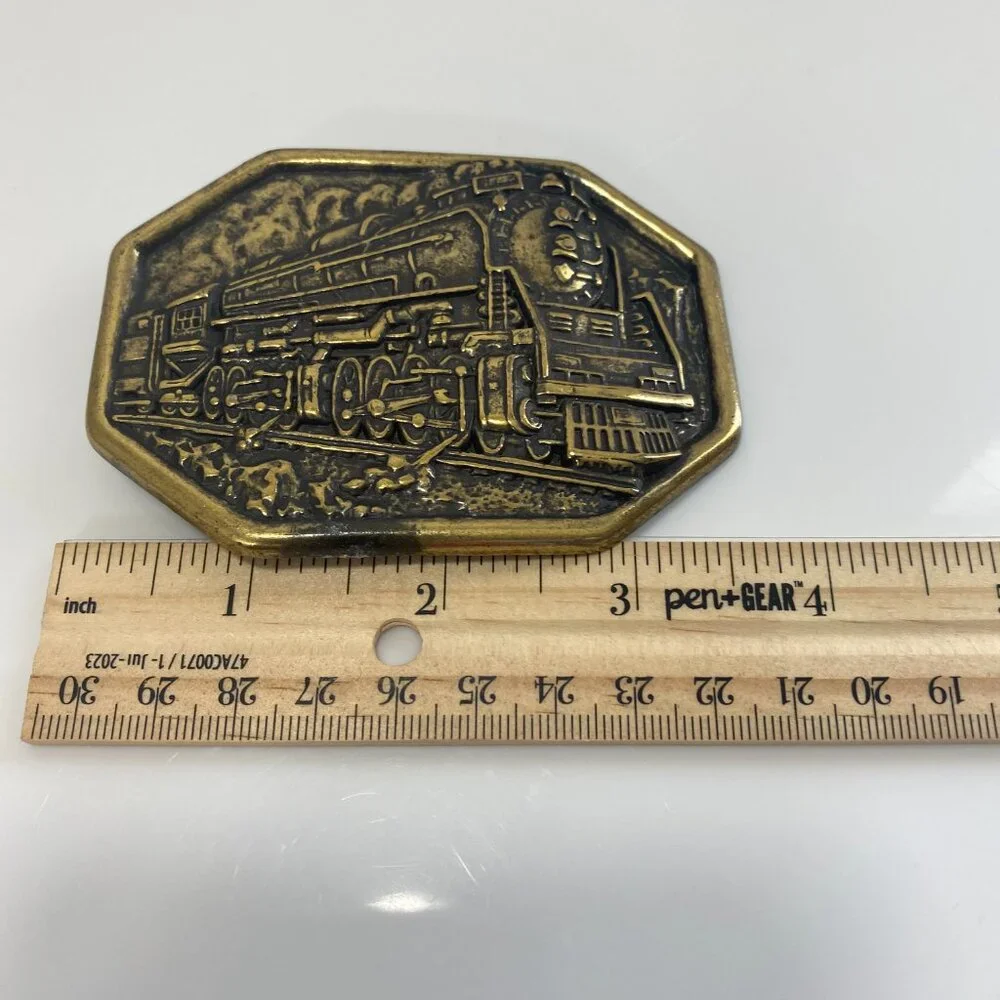 Vintage 80s Train Collectors Brass Steam Made In USA Railroad Engine Belt Buckle